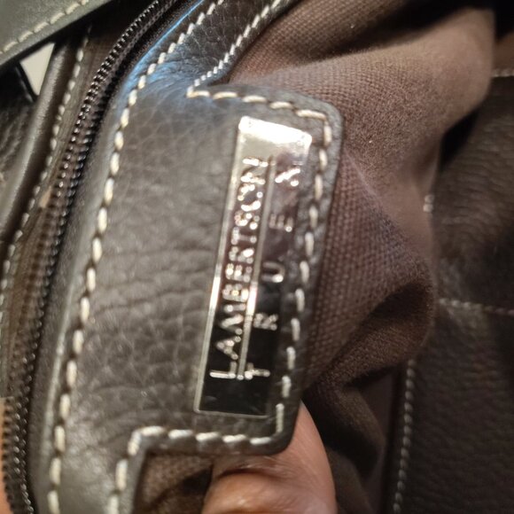 Lambertson Truex crossbody briefcase bag navy blue canvas or cotton and brown le - Picture 6 of 12